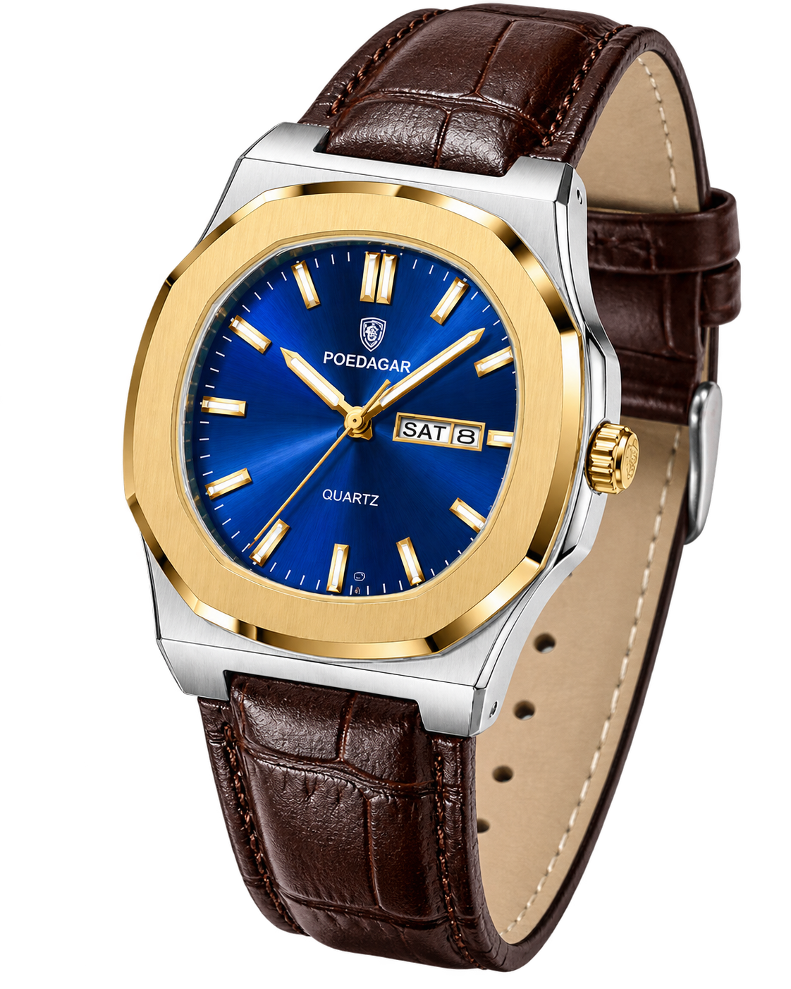 POEDAGAR 853 — Cuero — Dorado / Azul — vista hero