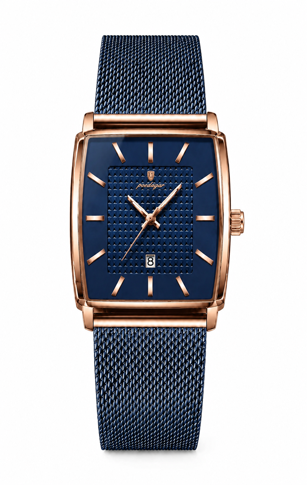 POEDAGAR 885 oro rosa y azul — reloj rectangular de frente sobre fondo blanco