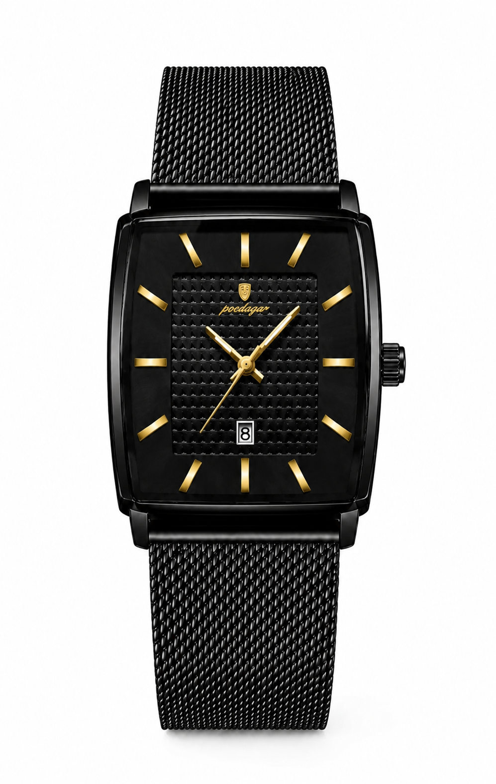 POEDAGAR 885 negro — reloj rectangular negro con detalles dorados de frente sobre fondo blanco