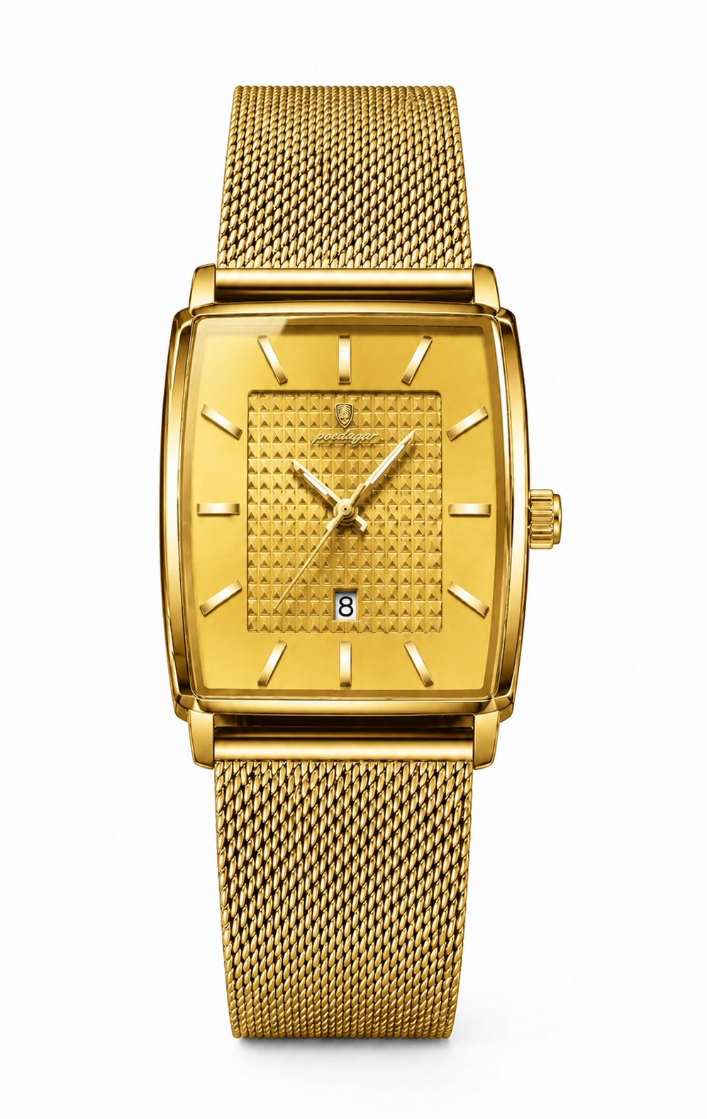 POEDAGAR 885 dorado — reloj rectangular de frente sobre fondo blanco