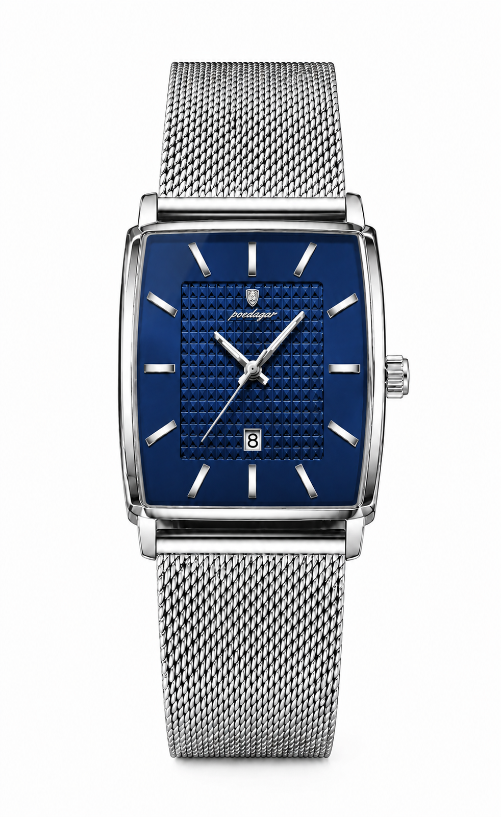 POEDAGAR 885 acero y azul — reloj rectangular de frente sobre fondo blanco