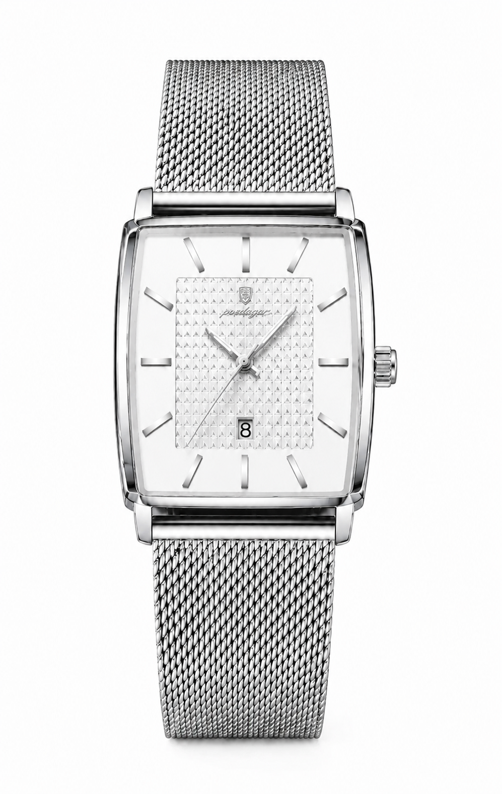 POEDAGAR 885 acero y blanco — reloj rectangular de frente sobre fondo blanco