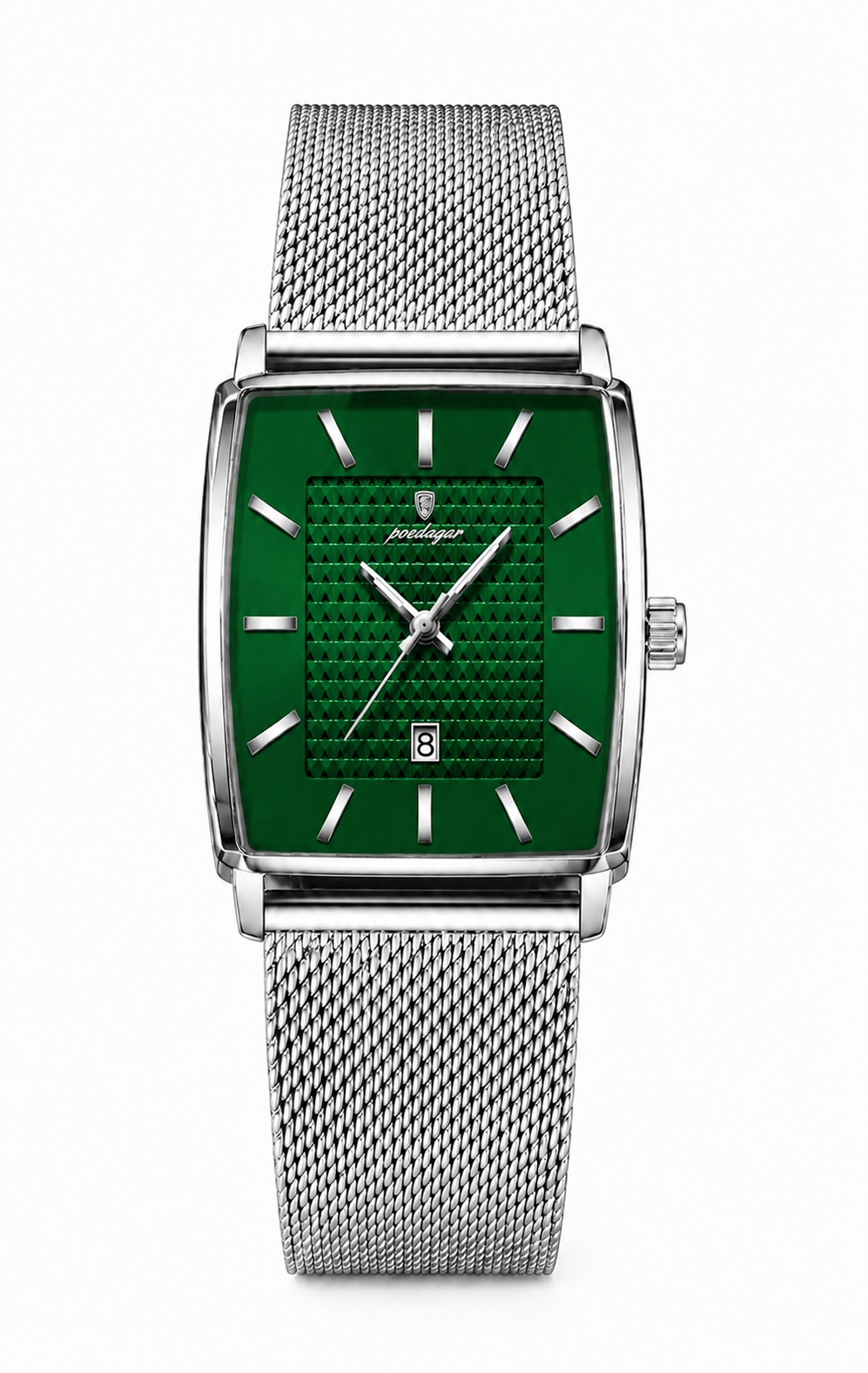POEDAGAR 885 acero y verde — reloj rectangular de frente sobre fondo blanco